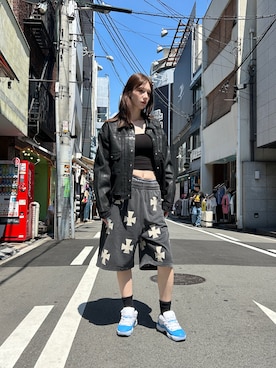「DANKE SCHON（ダンケシェーン）のDankeSchon/ダンケシェーン/RUBBER DENIM JACKET 2nd（デニムジャケット、ブラック系）」を使った、mina さん（レディース・173cm）の夏コーディネート