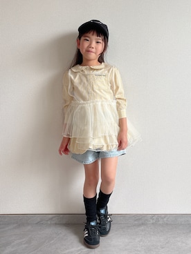 「CIAOPANIC TYPY（チャオパニックティピー）の【KIDS】ストライプ裾バルーンシャツワンピース【WEB限定】（シャツ/ブラウス、イエロー系）」を使った、ふうさん（キッズ・110cm）の春コーディネート