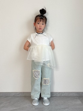 「CIAOPANIC TYPY（チャオパニックティピー）の【KIDS】レースパッチワークデニム(ウエスト調整可能)《ジュニアサイズあり》（デニムパンツ、ブルー系）」を使った、ふうさん（キッズ・110cm）の春コーディネート