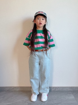 「LOWRYS FARM（ローリーズファーム）のフトボーダーＢＩＧＴ　 319681（Tシャツ/カットソー）」を使った、ふうさん（キッズ・110cm）の夏コーディネート