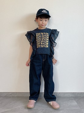 「CIAOPANIC TYPY（チャオパニックティピー）の【KIDS】ドッキングチュールフリルメッセージロゴTEE（Tシャツ/カットソー、ブルー系）」を使った、ふうさん（キッズ・110cm）の夏コーディネート