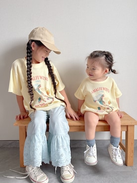 「CIAOPANIC TYPY（チャオパニックティピー）の【KIDS】リブアソート柄TEE【AMALFI】（Tシャツ/カットソー、ホワイト系）」を使った、ふうさん（キッズ・110cm）の夏コーディネート
