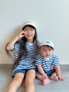 「NEW ERA（ニューエラ）のニューエラ ベビー キャップ 9TWENTY ELASTIC STRAP MLB ニューヨークヤンキース NEW ERA MY1ST（キャップ）」を使った、ふうさん（キッズ・110cm）の夏コーディネート