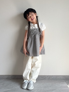 「GU（ジーユー）のアイテム（Tシャツ/カットソー、ブラック系）」を使った、ふうさん（キッズ・110cm）の春コーディネート