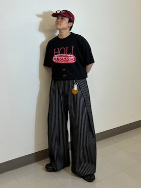 「RAGEBLUE（レイジブルー）の＜接触冷感/吸水速乾＞PHOTOGRAPHIC PRINT T-SHIRT/フォトグラフィックプリントTシャツ（Tシャツ/カットソー、ブラック系）」を使った、shuさん（メンズ・159cm）の夏コーディネート