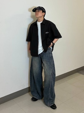 「RAGEBLUE（レイジブルー）のCIRCLE LOGO COMPACT SHIRTS/ワンポイントロゴコンパクトシャツ（シャツ/ブラウス、ブラック系）」を使った、shuさん（メンズ・159cm）の夏コーディネート
