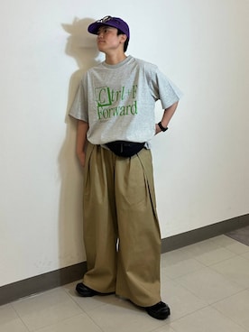 「RAGEBLUE（レイジブルー）のSMART INTUCK WIDE CHINO SLACKS/スマートインタックワイドチノスラックス（スラックス、ベージュ系）」を使った、shuさん（メンズ・159cm）の夏コーディネート