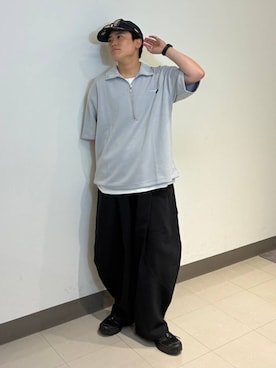「RAGEBLUE（レイジブルー）のONEPOINT DESIGN HALF ZIP TSHIRTS/ ワンポイントデザイン/ハーフジップTシャツ（Tシャツ/カットソー、グレー系）」を使った、shuさん（メンズ・159cm）の夏コーディネート