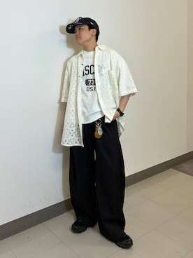「RAGEBLUE（レイジブルー）のDESIGN LACE KNITTING SHIRTS/デザインレース柄シャツ（シャツ/ブラウス、ホワイト系）」を使った、shuさん（メンズ・159cm）の夏コーディネート