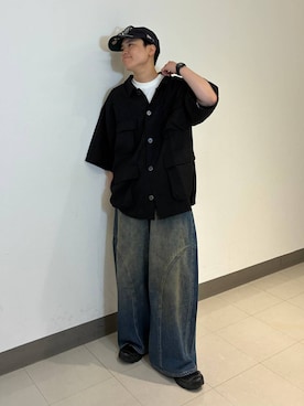 「RAGEBLUE（レイジブルー）のボスリントンサングラス（サングラス、ブラック系）」を使った、shuさん（メンズ・159cm）の夏コーディネート