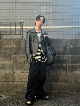 「アイテム（ライダースジャケット）」を使った、kireiraさん（メンズ・167cm）の秋コーディネート