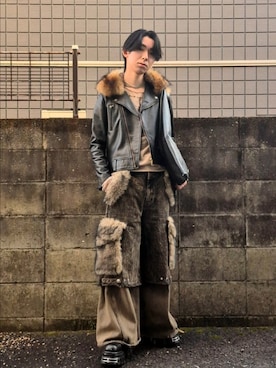 「アイテム（ライダースジャケット）」を使った、kireiraさん（メンズ・167cm）の冬コーディネート