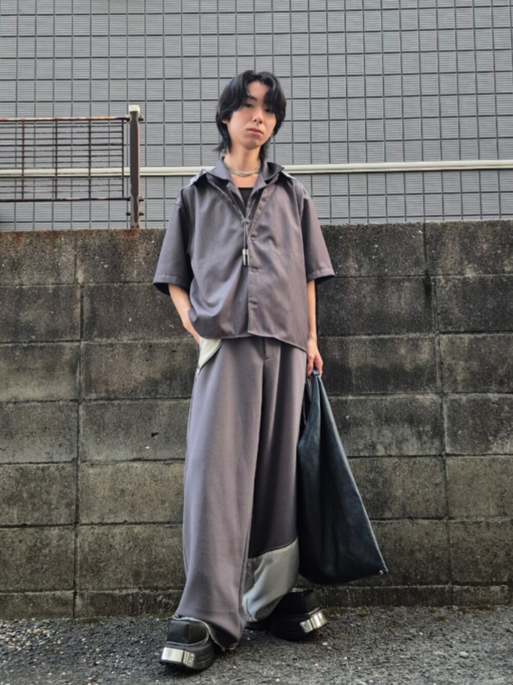 GRANCY レイヤードデザインオープンカラーシャツ グレー　L GRANCY シャツ 「GRANCY」Layered Design Open Collar Shirt