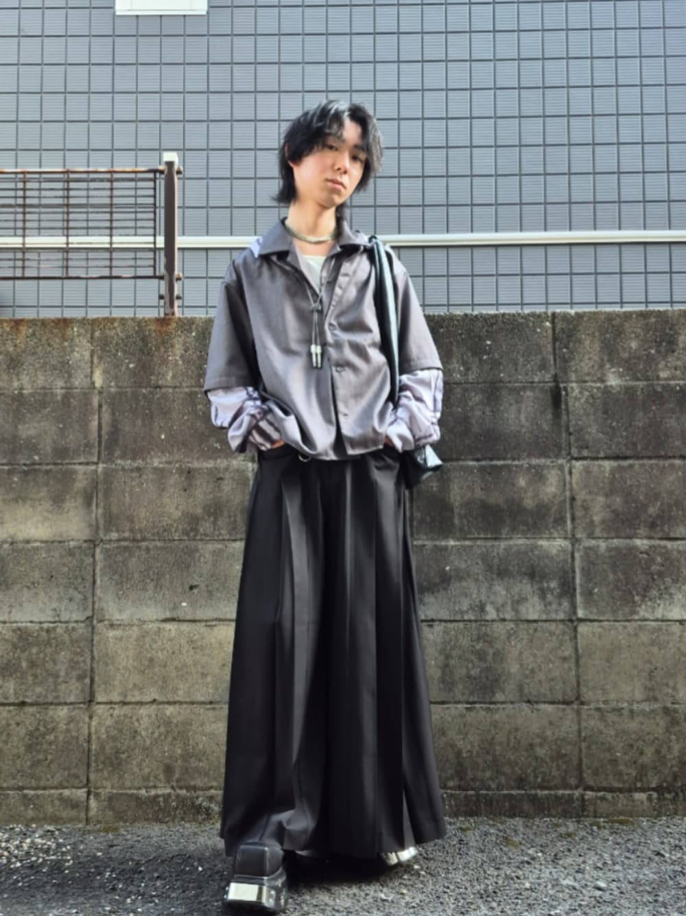 【GRANCY】レイヤードデザインオープンカラーシャツ ブラックSサイズ GRANCY】Layered Design Open Collar Shirt / レイヤード