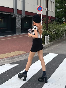 「ミニスカート」｜「アイテム（Tシャツ/カットソー、ブラック系）」を使った、𝑦𝑢𝑘𝑎 🦁さん（レディース・149cm）の夏コーディネート