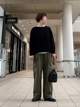 「かぐれ（カグレ）のドライコットンボートネックニット（ニット/セーター、ブラック系）」を使った、いわぶさん（レディース・168cm）の秋コーディネート
