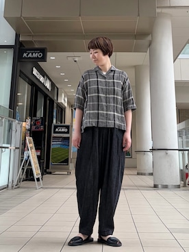 「かぐれ（カグレ）のリネンチェック半袖シャツ（シャツ/ブラウス、ベージュ系）」を使った、いわぶさん（レディース・168cm）の春コーディネート