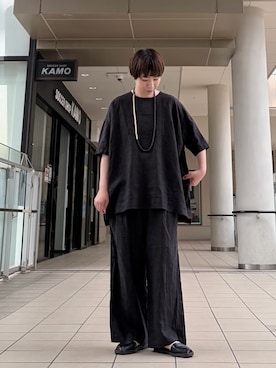 「かぐれ（カグレ）のリネンワイドプルオーバーシャツ（シャツ/ブラウス、ブラック系）」を使った、いわぶさん（レディース・168cm）の夏コーディネート