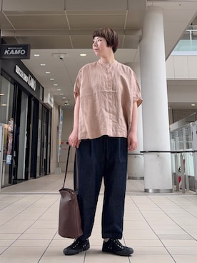 「かぐれ（カグレ）のリネンスクエアケープシャツ（シャツ/ブラウス、ピンク系）」を使った、いわぶさん（レディース・168cm）の春コーディネート