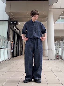 「かぐれ（カグレ）の綿麻デニムハーフスリーブオールインワン（つなぎ/オールインワン、ブルー系）」を使った、いわぶさん（レディース・168cm）の春コーディネート