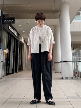 「かぐれ（カグレ）のノーカラーハーフスリーブジャケット（ノーカラージャケット、ベージュ系）」を使った、いわぶさん（レディース・168cm）の夏コーディネート