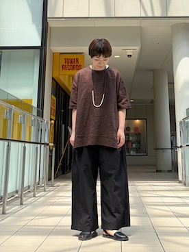 「かぐれ（カグレ）のリネンワイドプルオーバーシャツ（シャツ/ブラウス、ブラウン系）」を使った、いわぶさん（レディース・168cm）の夏コーディネート