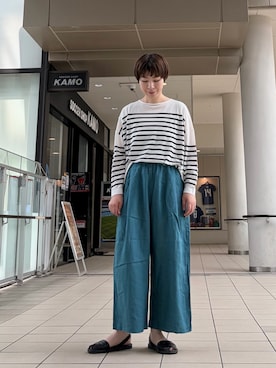 「かぐれ（カグレ）のシアーコットンボーダーボートネック（ニット/セーター、ホワイト系）」を使った、いわぶさん（レディース・168cm）の夏コーディネート