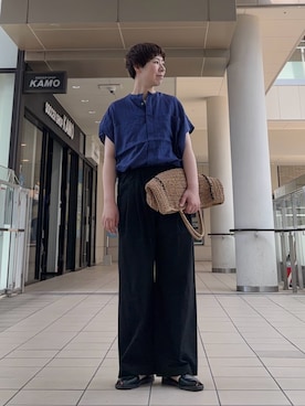 「かぐれ（カグレ）のリネンWポケットフレンチシャツ（シャツ/ブラウス、ブルー系）」を使った、いわぶさん（レディース・168cm）の夏コーディネート