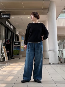 「かぐれ（カグレ）のドライコットンボートネックニット（ニット/セーター、ブラック系）」を使った、いわぶさん（レディース・168cm）の秋コーディネート