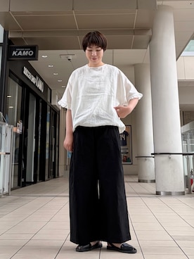 「かぐれ（カグレ）のリネンフリルスリーブプルオーバー（シャツ/ブラウス、ホワイト系）」を使った、いわぶさん（レディース・168cm）の夏コーディネート