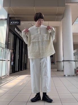 「かぐれ（カグレ）のリネンダブルポケットワイドシャツ（シャツ/ブラウス、イエロー系）」を使った、いわぶさん（レディース・168cm）の春コーディネート