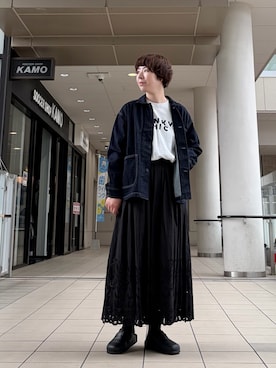 「かぐれ（カグレ）の『ユニセックス』デニムカバーオール（カバーオール、ブルー系）」を使った、いわぶさん（レディース・168cm）の秋コーディネート