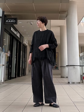 「かぐれ（カグレ）のギンガムタックワイドパンツ（その他パンツ、グレー系）」を使った、いわぶさん（レディース・168cm）の春コーディネート
