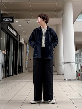「かぐれ（カグレ）の『ユニセックス』デニムカバーオール（カバーオール、ブルー系）」を使った、いわぶさん（レディース・168cm）の秋コーディネート
