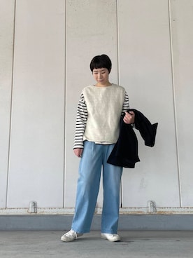 「かぐれ（カグレ）のボーダーワイドカットソー（Tシャツ/カットソー）」を使った、いわぶさん（レディース・168cm）の冬コーディネート