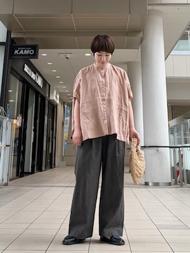 「かぐれ（カグレ）のリネンスクエアケープシャツ（シャツ/ブラウス、ピンク系）」を使った、いわぶさん（レディース・168cm）の夏コーディネート