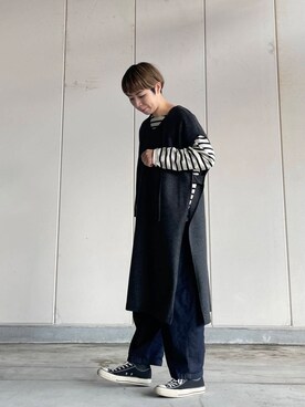 「かぐれ（カグレ）のボーダーワイドカットソー（Tシャツ/カットソー）」を使った、いわぶさん（レディース・168cm）の秋コーディネート