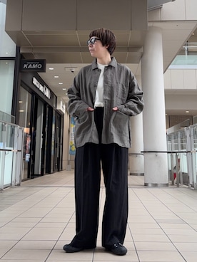 「かぐれ（カグレ）の『ユニセックス』リネンカバーオール（カバーオール、グレー系）」を使った、いわぶさん（レディース・168cm）の春コーディネート