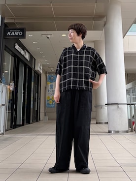 「かぐれ（カグレ）のリネンチェック半袖シャツ（シャツ/ブラウス、ブラック系）」を使った、いわぶさん（レディース・168cm）の春コーディネート