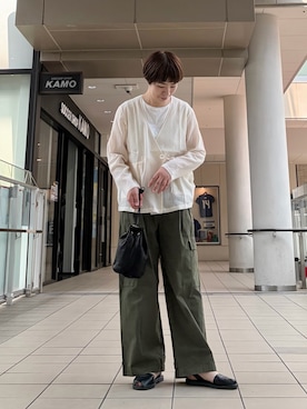 「かぐれ（カグレ）のシアーカシュクールカーデシャツ（シャツ/ブラウス、ベージュ系）」を使った、いわぶさん（レディース・168cm）の夏コーディネート