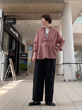 「かぐれ（カグレ）のコットンリネンガーメントダイシャツ（シャツ/ブラウス、ピンク系）」を使った、いわぶさん（レディース・168cm）の夏コーディネート