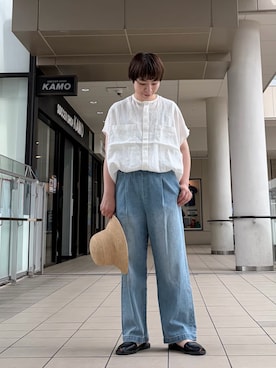 「かぐれ（カグレ）のリネンWポケットフレンチシャツ（シャツ/ブラウス、ホワイト系）」を使った、いわぶさん（レディース・168cm）の夏コーディネート