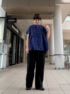 「かぐれ（カグレ）のリネンWポケットフレンチシャツ（シャツ/ブラウス、ブルー系）」を使った、いわぶさん（レディース・168cm）の春コーディネート