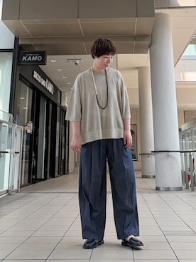 「かぐれ（カグレ）のリネン半袖クルーネックニット（ニット/セーター、ベージュ系）」を使った、いわぶさん（レディース・168cm）の夏コーディネート