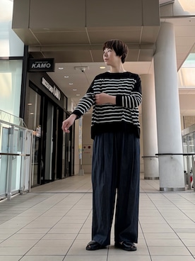 「かぐれ（カグレ）のシアーコットンボーダーボートネック（ニット/セーター、ブラック系）」を使った、いわぶさん（レディース・168cm）の夏コーディネート