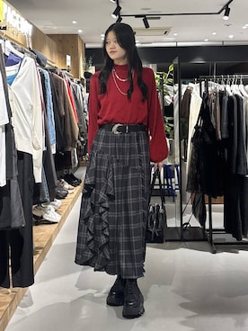 「PAGEBOY（ページボーイ）のラインフリンジティアードスカート/フリルスカート【ウエストゴム・ストレスフリー】（スカート）」を使った、meiさん（レディース・167cm）の秋コーディネート