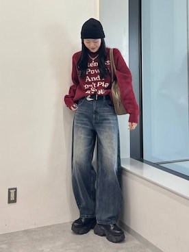 「PBLIM（ページボーイリム）の《UNISEX》スラブブリーチデニム（デニムパンツ）」を使った、meiさん（レディース・167cm）の秋コーディネート