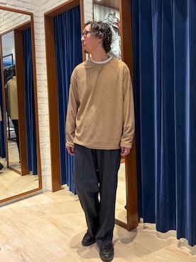「NOLLEY'S LIGHT（ノーリーズライト）のウェーブ柄ジャガード　ダブルネック　ロンＴ（Tシャツ/カットソー、イエロー系）」を使った、FUJIさん（メンズ・176cm）の春コーディネート