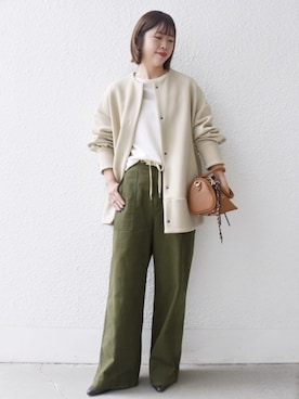 「アイテム（ノーカラーコート）」を使った、五月女さん（レディース・162cm）の秋コーディネート