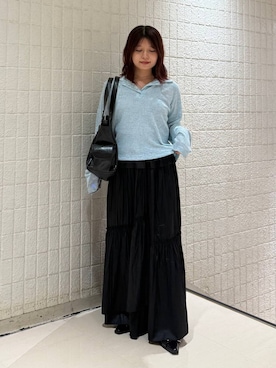 「PAGEBOY（ページボーイ）の〈接触冷感機能付き〉レザーライクフレアスカート（スカート、ブラック系）」を使った、emiri0712さん（レディース・147cm）の夏コーディネート
